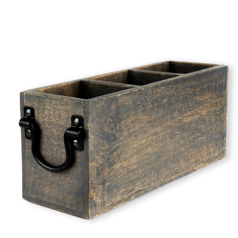 GoCraft 3 Compartment Flatware Caddy, Cutlery Utensil Holder, Organizer Caddy Box For Cooking, Silverware, Flatware, Sauce Spoon, Tongs, and More, Grey Washed Mango Wood Caddy with Metal Handles - Image 1